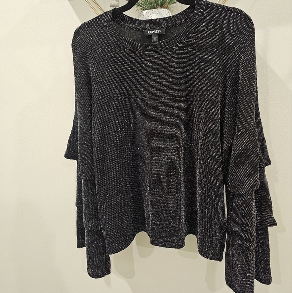 Express Black Silver Threaded Sparkly Tiered Bell Sleeve Top Size Large - Picture 4 of 10